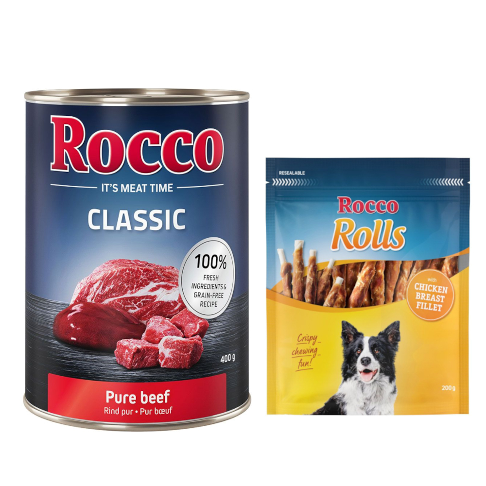 Kombi-Paket: Rocco Classic Probiermix Nassfutter + Rolls Snack - 24 x 400 g Rind pur + 3 x 200 g Hühnerbrustfilet von Rocco