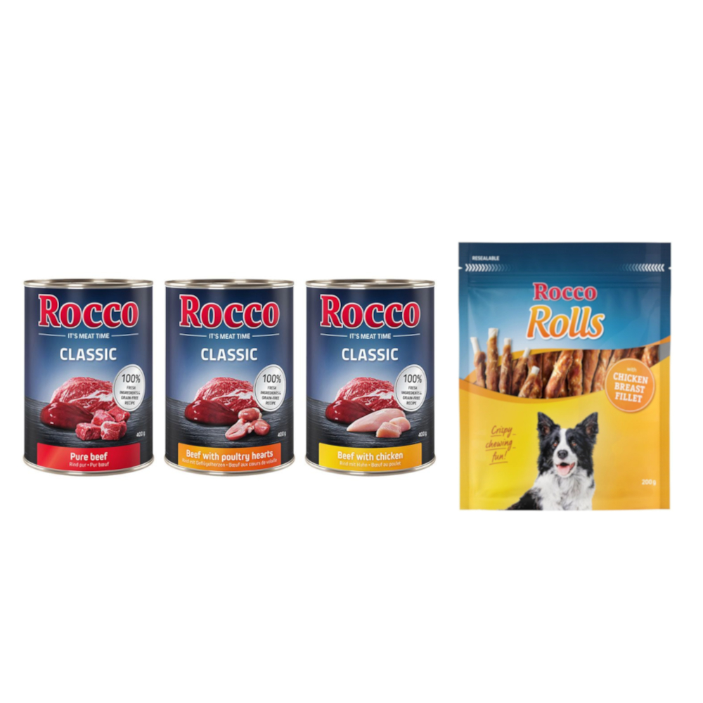 Kombi-Paket: Rocco Classic Probiermix Nassfutter + Rolls Snack - 24 x 400 g Topseller-Mix: Rind pur, Rind/Geflügelherzen, Rind/Huhn + 3 x 200 g Hühnerbrustfilet von Rocco