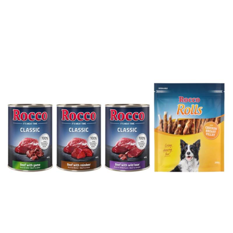 Kombi-Paket: Rocco Classic Probiermix Nassfutter + Rolls Snack - 24 x 400 g Wild-Mix: Rind/Wild, Rind/Rentier, Rind/Wildschwein + 3 x 200 g Hühnerbrustfilet von Rocco