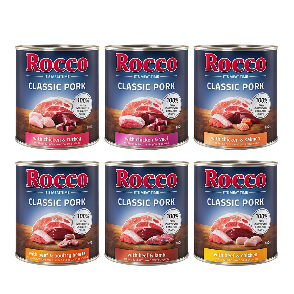 Rocco Classic Probiermix 6 x 800 g  - Schwein-Mix: Rind/Lamm, Huhn/Pute, Huhn/Kalb, Rind/Geflügelherzen, Huhn/Lachs, Rind/Huhn von Rocco