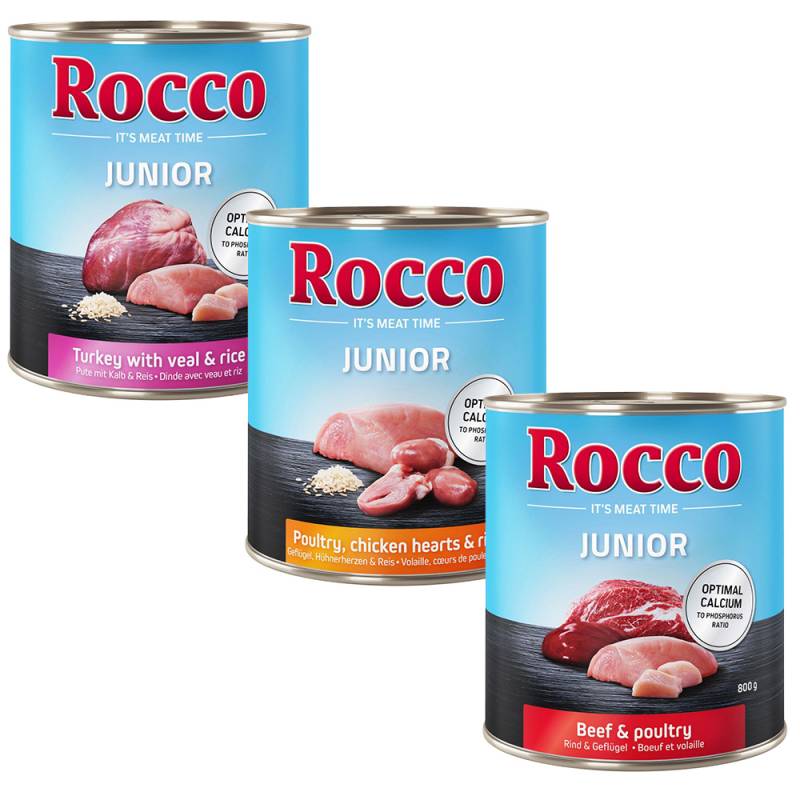 Rocco Junior 6 x 400 / 800 g 6 x 800 g: Mixpaket 2xGeflügel mit Wild/Reis, 2x Geflügel mit Hühnerherzen/Reis, 2x Rind mit Geflügel von Rocco