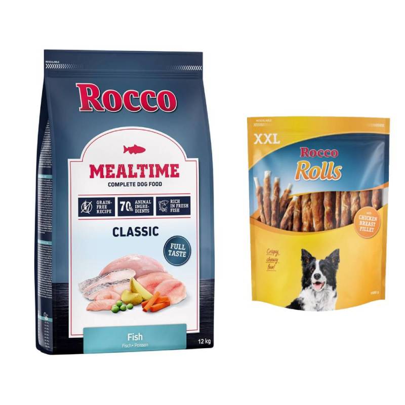 Rocco Kombi-Paket: 12 kg Mealtime Trockenfutter + 3 x 1 kg Rolls XXL Pack - Fisch + Hühnerbrust von Rocco