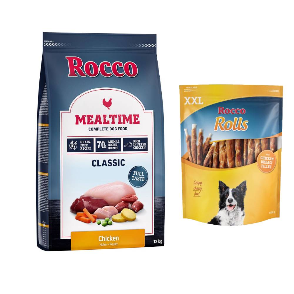 Rocco Kombi-Paket: 12 kg Mealtime Trockenfutter + 3 x 1 kg Rolls XXL Pack - Huhn + Hühnerbrust von Rocco