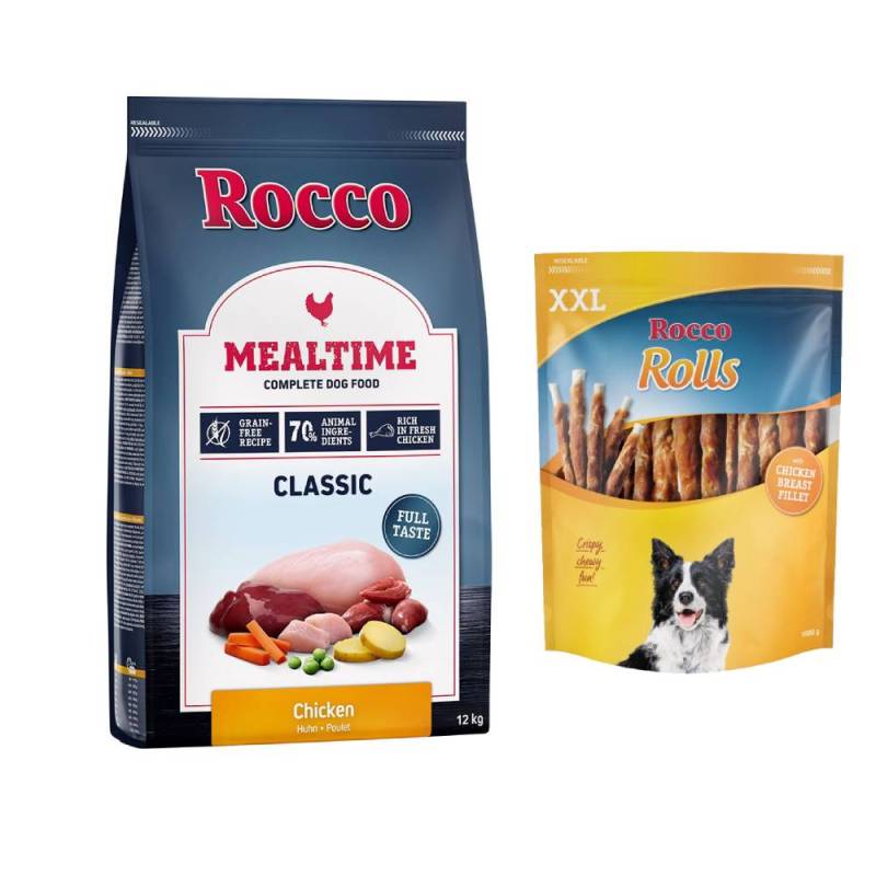 Rocco Kombi-Paket: 12 kg Mealtime Trockenfutter + 3 x 1 kg Rolls XXL Pack - Huhn + Hühnerbrust von Rocco