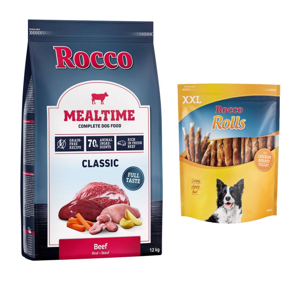 Rocco Kombi-Paket: 12 kg Mealtime Trockenfutter + 3 x 1 kg Rolls XXL Pack - Rind + Hühnerbrust von Rocco