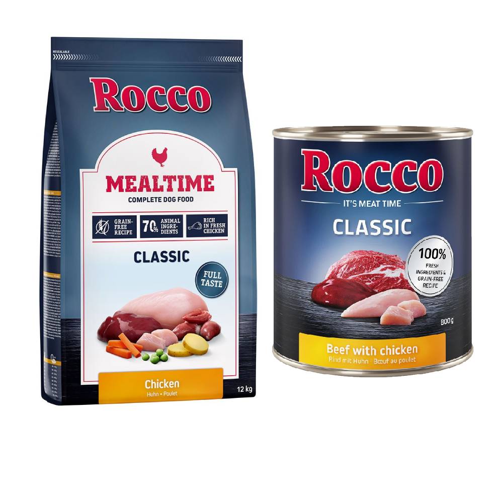 Rocco Kombi-Paket: Mealtime Trockenfutter + Classic Nassfutter - 12 kg Huhn + 24 x 800 g Rind mit Huhn von Rocco