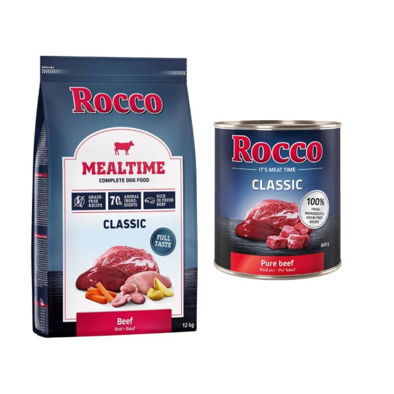 Rocco Kombi-Paket: Mealtime Trockenfutter + Classic Nassfutter - 12 kg Rind + 24 x 800 g Rind pur von Rocco