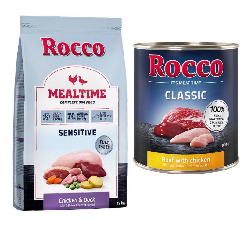 Rocco Kombi-Paket: Mealtime Trockenfutter + Classic Nassfutter - 12 kg Sensitive Huhn & Ente + 24 x 800 g Rind mit Geflügelherzen von Rocco