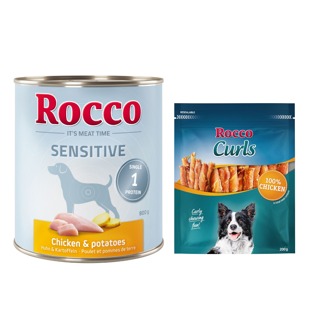 Rocco Kombi-Paket: Sensitive Nassfutter + Curls Snack - 24 x 800 g Huhn mit Kartoffel + 3 x 200 g Huhn von Rocco