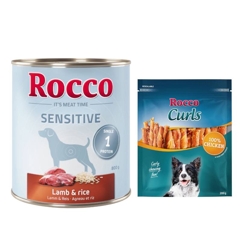 Rocco Kombi-Paket: Sensitive Nassfutter + Curls Snack - 24 x 800 g Lamm mit Reis + 3 x 200 g Huhn von Rocco