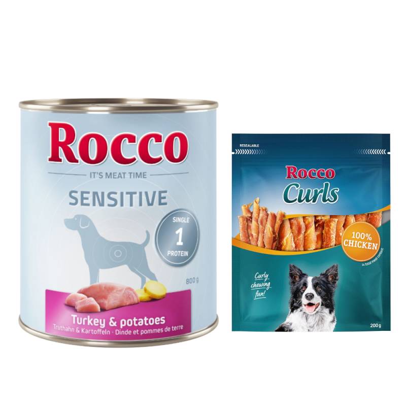 Rocco Kombi-Paket: Sensitive Nassfutter + Curls Snack - 24 x 800 g Truthahn mit Kartoffel + 3 x 200 g Huhn von Rocco