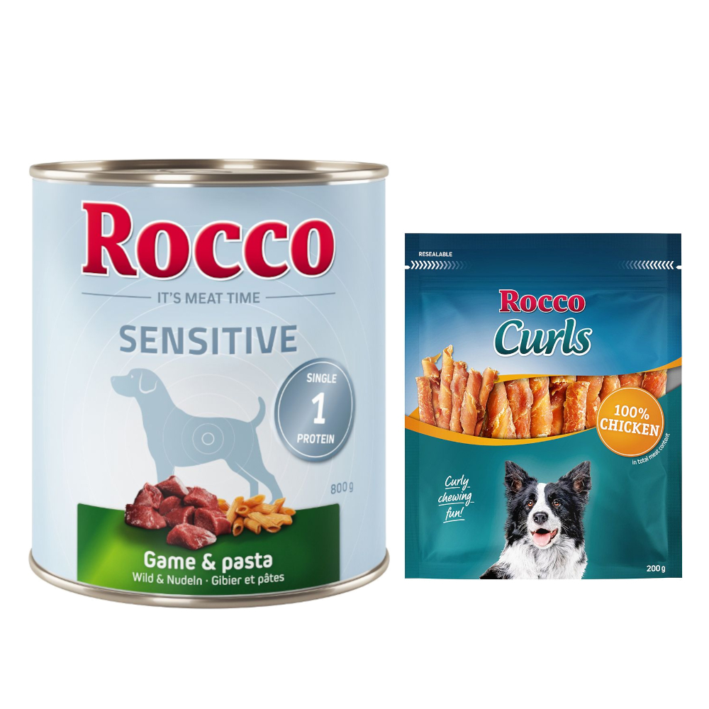 Rocco Kombi-Paket: Sensitive Nassfutter + Curls Snack - 24 x 800 g Wild mit Nudeln + 3 x 200 g Huhn von Rocco