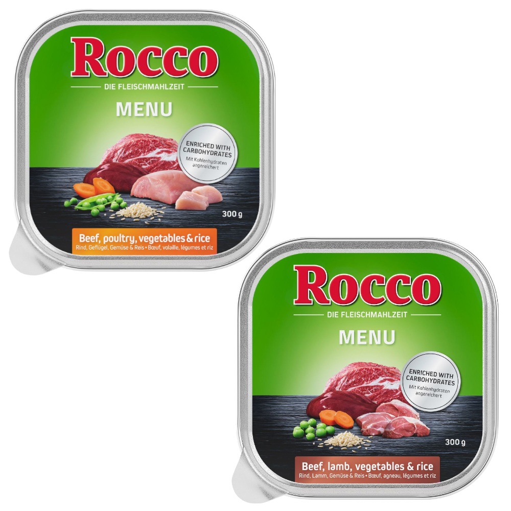 Rocco Probiermix 9 x 300 g - Menü: Rind/Gemüse/Reis, Rind/Geflügel/Gemüse/Reis, Rind/Lamm/Gemüse/Reis von Rocco