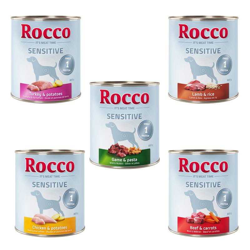 Rocco gemischte Probierpakete 6 x 800 g - Sensitive: Huhn/Kartoffel, Lamm/Reis, Wild/Nudeln, Truthahn/Kartoffel, Rind/Möhre von Rocco