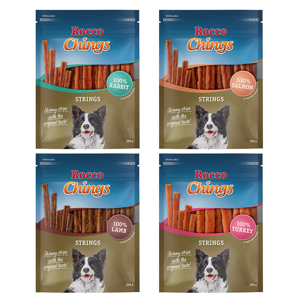 Rocco Chings Strings 150 / 200 g - Sparpaket % - Mix: 1 x Truthahn, 1 x Lamm, 1 x Kaninchen, 1x Lachs von Rocco