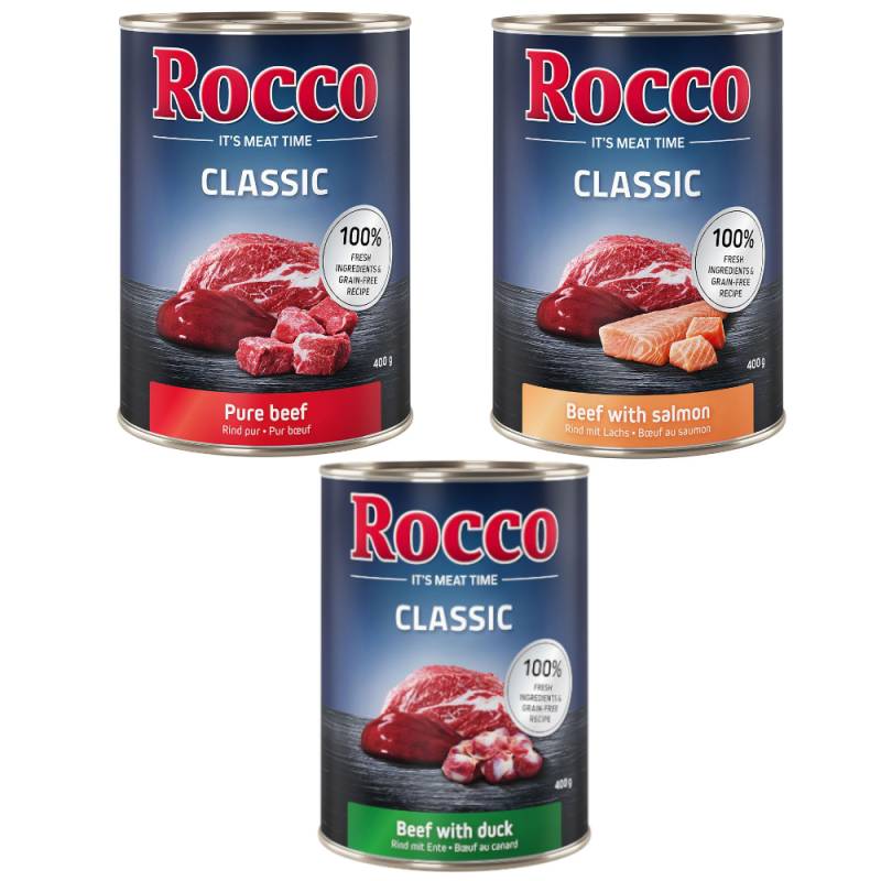 Sparpaket Rocco Classic 12 x 400 g - Exklusiv-Mix: Rind pur, Rind/Lachs, Rind/Ente von Rocco