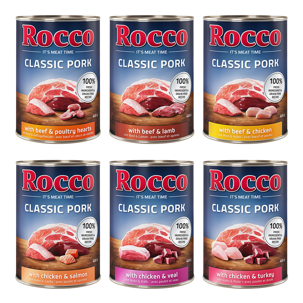 Sparpaket Rocco Classic Pork 12 x 400g Mix: Rind/Lamm, Huhn/Pute, Huhn/Kalb, Rind/Geflügelherzen, Huhn/Lachs, Rind/Huhn von Rocco