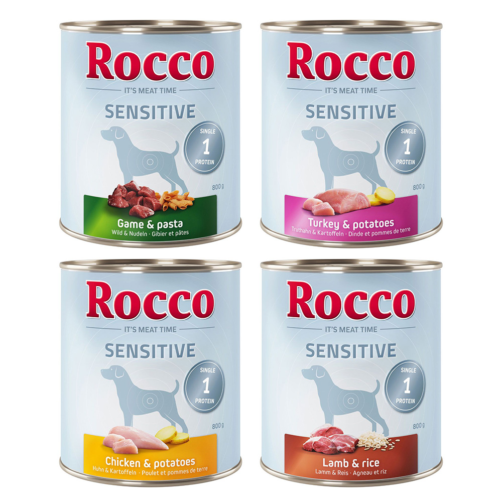 Top-Angebot Rocco Sensitive  24 x 400 / 800 g 24 x 800 g: Mix: 6xHuhn, 6xLamm, 6xWild & 6xTruthahn von Rocco