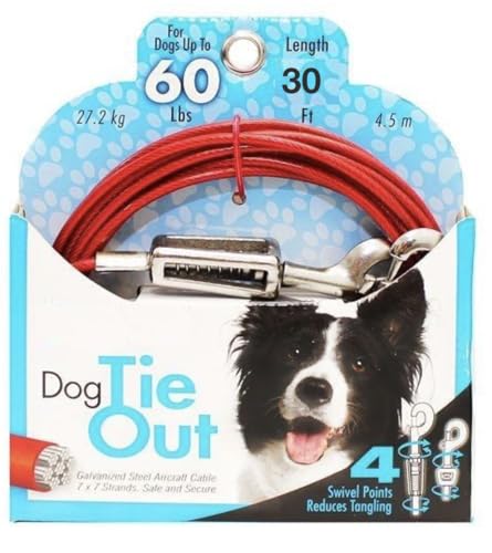 Rocky Mountain Goods Hundeleinenkabel mit Feder – Stahlseil für große Hunde bis zu 27,2 kg – 4 Drehpunkte reduzieren Verheddern – starkes Vinyl – leicht zu öffnende, drehbare Clips (9 m) von Rocky Mountain Goods