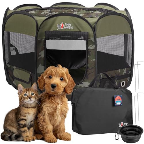 Rocky + Snowball Pop-Up-Laufstall für Hunde, Welpen, Hunde, Katzen, Kaninchen, Laufstall für drinnen oder draußen, tragbares Laufgitter mit Tragetasche und faltbarer Schüssel, Camouflage-Druck, Größe von Rocky and Snowball