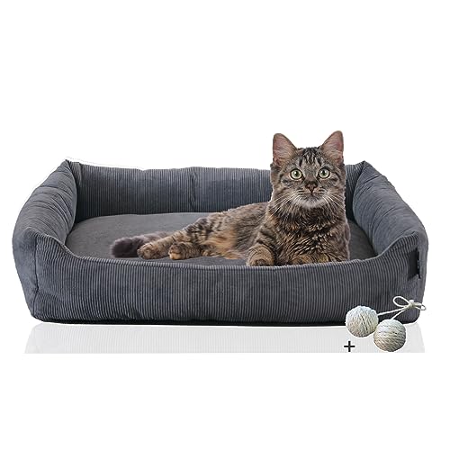 Katzenbett Cordstoff mit Spielkugelset (Anthrazit, feiner Cordstoff) von Rohrschneider