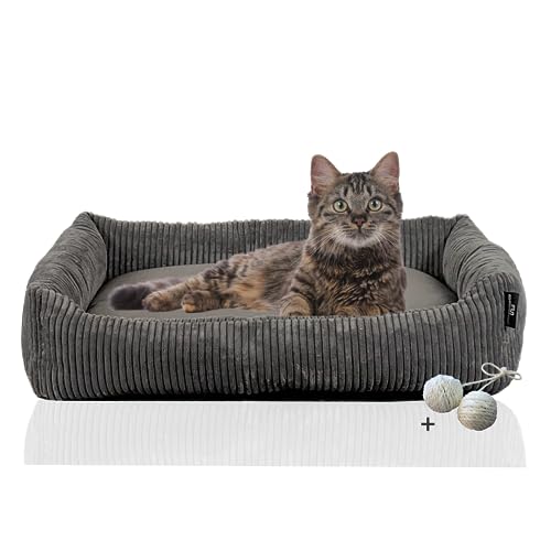 Katzenbett Cordstoff mit Spielkugelset (Grau, breiter Cordstoff) von Rohrschneider