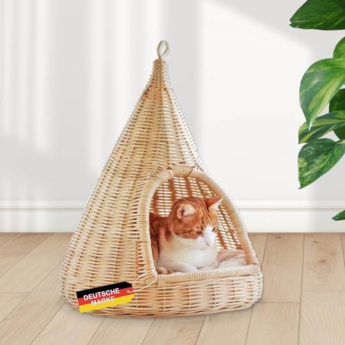 Rohrschneider Hänge-Katzenkorb Sammy | Katzenbett aus handgeflochtenem Rattan | Katzenhöhle mit waschbarem Katzenkissen aus Naturmaterial | Zum Hängen und Hinstellen | 45 x 45 x H 55 cm | Natur-beige von Rohrschneider