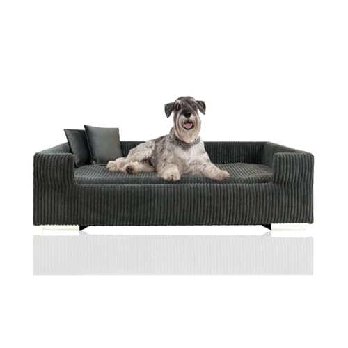 Rohrschneider Hundesofa | Hundebett Cord für mittelgroße und Grosse Hunde, hoher Rand, waschbarer Bezug, Cord aus 100% Polyester | grau | B 90 x T 57 x H 26 cm | inkl. 2X Dekokissen von Rohrschneider