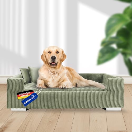 Rohrschneider Hundesofa | Hundebett aus Cord für mittelgroße und Grosse Hunde, hoher Rand, waschbar, Cordstoff aus 100% Polyester | Salbei | B90 x T57 x H26 cm | inkl. 2 x Dekokissen von Rohrschneider