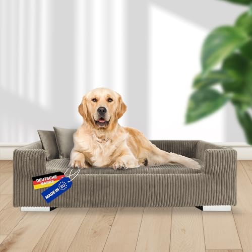 Rohrschneider Hundesofa | Hundebett aus Cord für mittelgroße und Grosse Hunde, hoher Rand, waschbar, Cordstoff aus 100% Polyester | Taupe | B90 x T57 x H26 cm | inkl. 2 x Dekokissen von Rohrschneider