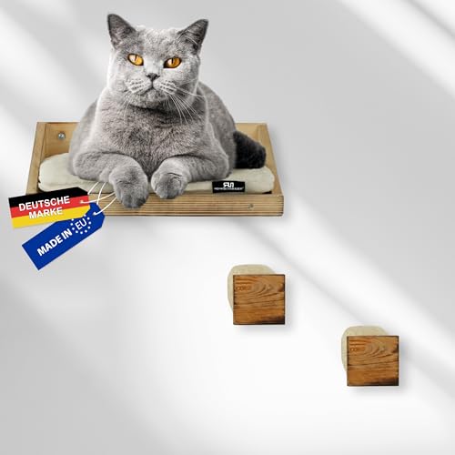 Rohrschneider Katzen Wandelemente | 3-TLG. Kletterwand Katzen mit waschbarem Katzenkissen und Katzentreppe 8mm Sisalseil | Traglast bis zu 30 kg | versch. Farben | geflammt (Cordkissen Deluxe beige) von Rohrschneider