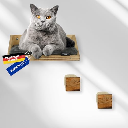 Rohrschneider Katzen Wandelemente | 3-TLG. Kletterwand Katzen mit waschbarem Katzenkissen und Katzentreppe 8mm Sisalseil | Traglast bis zu 30 kg | versch. Farben | geflammt (Cordkissen dunkelgrau) von Rohrschneider