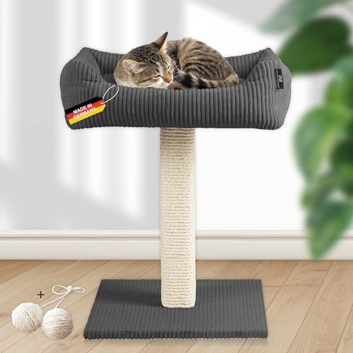 Rohrschneider Katzenbaum Wolly | Made in Germany | Kleiner Kratzbaum mit kuscheligem Katzenbett aus Cordstoff | breiter Kratzstamm aus Vollholz | versch. Farben (Cordstoff breit dunkelgrau) von Rohrschneider