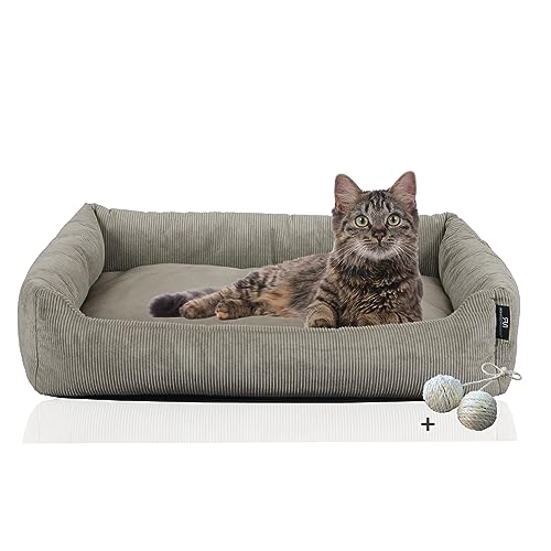 Rohrschneider Katzenbett Cordstoff mit Spielkugelset (Taupe, feiner Cordstoff) von Rohrschneider