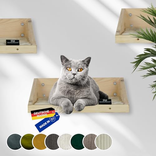 Rohrschneider Katzenbett Wand | Made in EU | Kletterwand Katzen | aus Kiefernholz | belastbar bis 30 kg | Natur | B 40 x T 28 x H 15 cm | inkl. Montage Material (waschbares Kissen Cord beige) von Rohrschneider