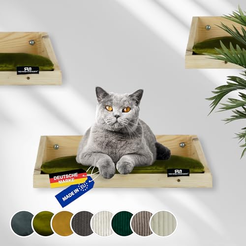 Rohrschneider Katzenbett Wand | Made in EU | Kletterwand Katzen | aus Kiefernholz | belastbar bis 30 kg | Natur | B 40 x T 28 x H 15 cm | inkl. Montage Material (waschbares Kissen Samt Fresh Oliv) von Rohrschneider