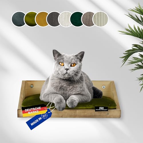 Rohrschneider Katzenbett Wand | Made in EU | Kletterwand Katzen | aus geflammten Kiefernholz | belastbar bis 30 kg | B 40 x T 28 x H 15 cm (waschbares Kissen Samt Fresh, Oliv) von Rohrschneider