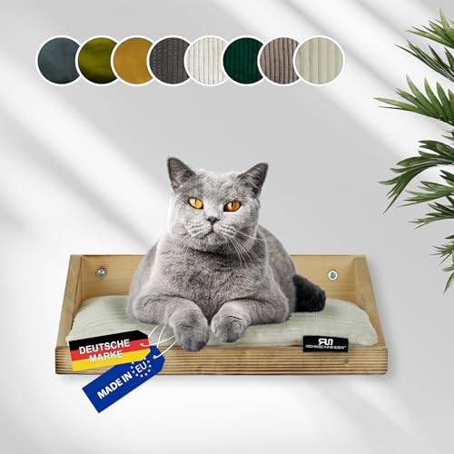 Rohrschneider Katzenbett Wand | Made in EU | Kletterwand Katzen | aus geflammten Kiefernholz | belastbar bis 30 kg | B 40 x T 28 x H 15 cm | inkl. Montage Material (waschbares Kissen Cord, beige) von Rohrschneider