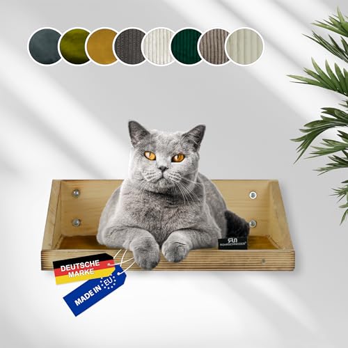 Rohrschneider Katzenbett Wand | Made in EU | Kletterwand Katzen | geflammtes Kiefernholz | belastbar bis 30 kg | 40 x 28 x 15 cm | inkl. Montage Material (waschbare Stoffeinlage Samt Fresh, senf) von Rohrschneider