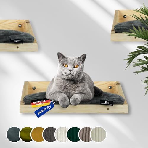 Rohrschneider Katzentreppe Wand | Made in EU | Kletterwand Katzen | aus Kiefernholz | belastbar bis 30 kg | Natur | B 40 x T 28 x H 15 cm | inkl. Montage Material (waschbares Kissen Cord grau) von Rohrschneider