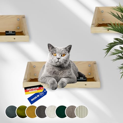 Rohrschneider Katzentreppe Wand | Made in EU | Kletterwand Katzen | aus Kiefernholz | belastbar bis 30 kg | Natur | B 40 x T 28 x H 15 cm | inkl. Montage Material (waschbares Kissen Samt Fresh senf) von Rohrschneider