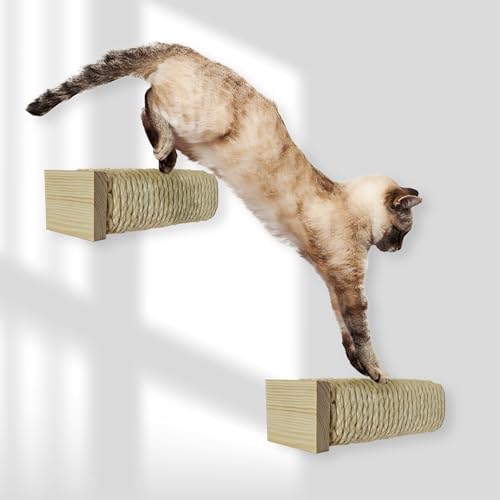 Rohrschneider Katzentreppe Wand | Wandelemente für Katzen mit naturfarbenen Holz | kombinierbar für Katzen Kletterwand | Kratzstamm mit starkem Sisalseil | Traglast bis zu 35 kg | 7 x 7 x L 21 cm (1) von Rohrschneider