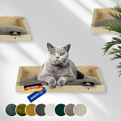 Rohrschneider Kletterwand Katze (alle Katzengrößen) | Made in EU | Katzentreppe kombinierbar | aus Echtholz Kiefernholz | belastbar bis 30 kg | Natur (waschbares Kissen Cord Taupe) von Rohrschneider