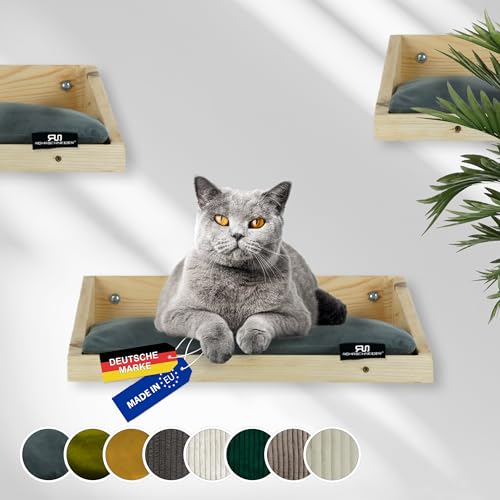 Rohrschneider Kletterwand Katze (alle Katzengrößen) | Made in EU | Katzentreppe kombinierbar | aus Echtholz Kiefernholz | belastbar bis 30 kg | Natur (waschbares Kissen Samt Fresh grau) von Rohrschneider