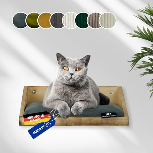 Rohrschneider Kletterwand Katze (alle Katzengrößen) | Made in EU | Katzentreppe kombinierbar | aus Echtholz Kiefernholz | belastbar bis 30 kg | geflammt (waschbares Kissen Samt Fresh, grau) von Rohrschneider