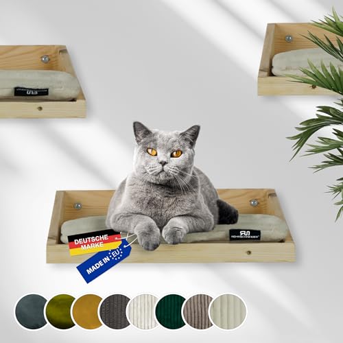 Rohrschneider Kletterwand Katzen (alle Katzengrößen) | Made in EU | Katzentreppe kombinierbar | aus Echtholz Kiefernholz | belastbar bis 30 kg | Natur (waschbares Kissen Cord Deluxe beige) von Rohrschneider