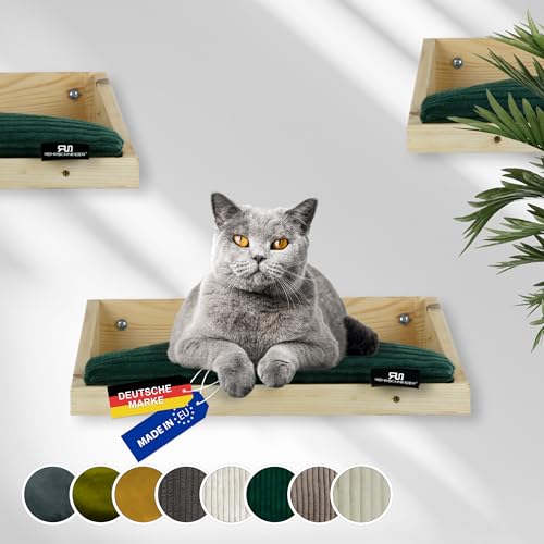 Rohrschneider Kletterwand Katzen (alle Katzengrößen) | Made in EU | Katzentreppe kombinierbar | aus Echtholz Kiefernholz | belastbar bis 30 kg | Natur (waschbares Kissen Cord grün) von Rohrschneider