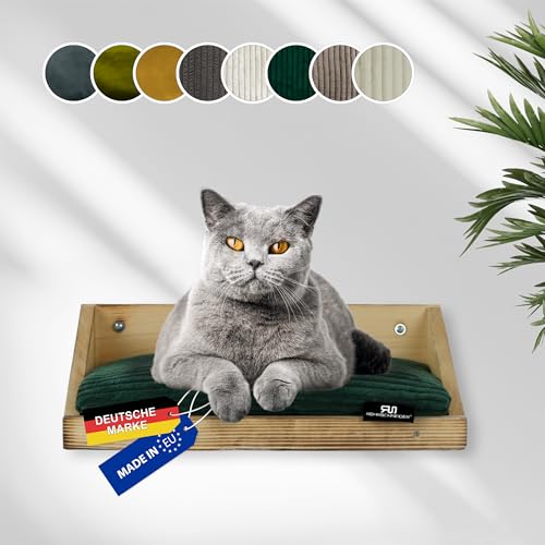 Rohrschneider Kletterwand Katzen (alle Katzengrößen) | Made in EU | Katzentreppe kombinierbar | aus Echtholz Kiefernholz | belastbar bis 30 kg | geflammt (waschbares Kissen Cord, grün) von Rohrschneider