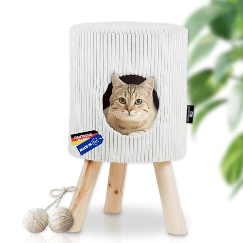 Rohrschneider Katzenhöhle Cord | Made in EU | Katzenbett mit waschbarem Katzenkissen | Katzenhaus Indoor | Sitzgelegenheit bis 60kg | Füße aus robustem Vollholz | ca. Ø 32 x 55 cm | beige von Rohrschneider