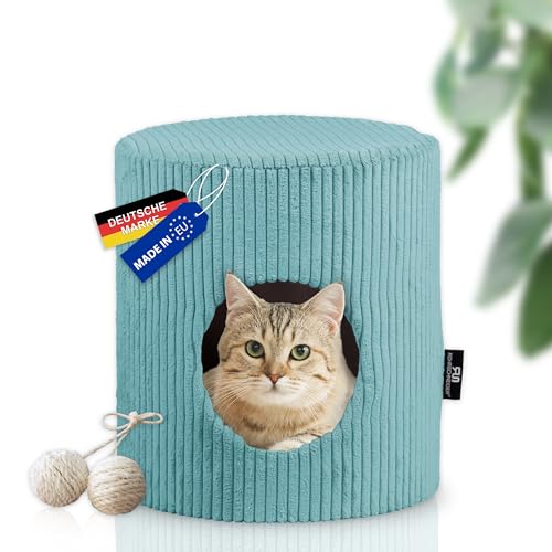 Rohrschneider Katzenhöhle Cord | Made in EU | Katzenbett mit waschbarem Katzenkissen | Katzenhaus Indoor | Sitzgelegenheit bis 60kg | ca. Ø 32 x H 34 cm | türkis | inkl. Spielkugelset von Rohrschneider